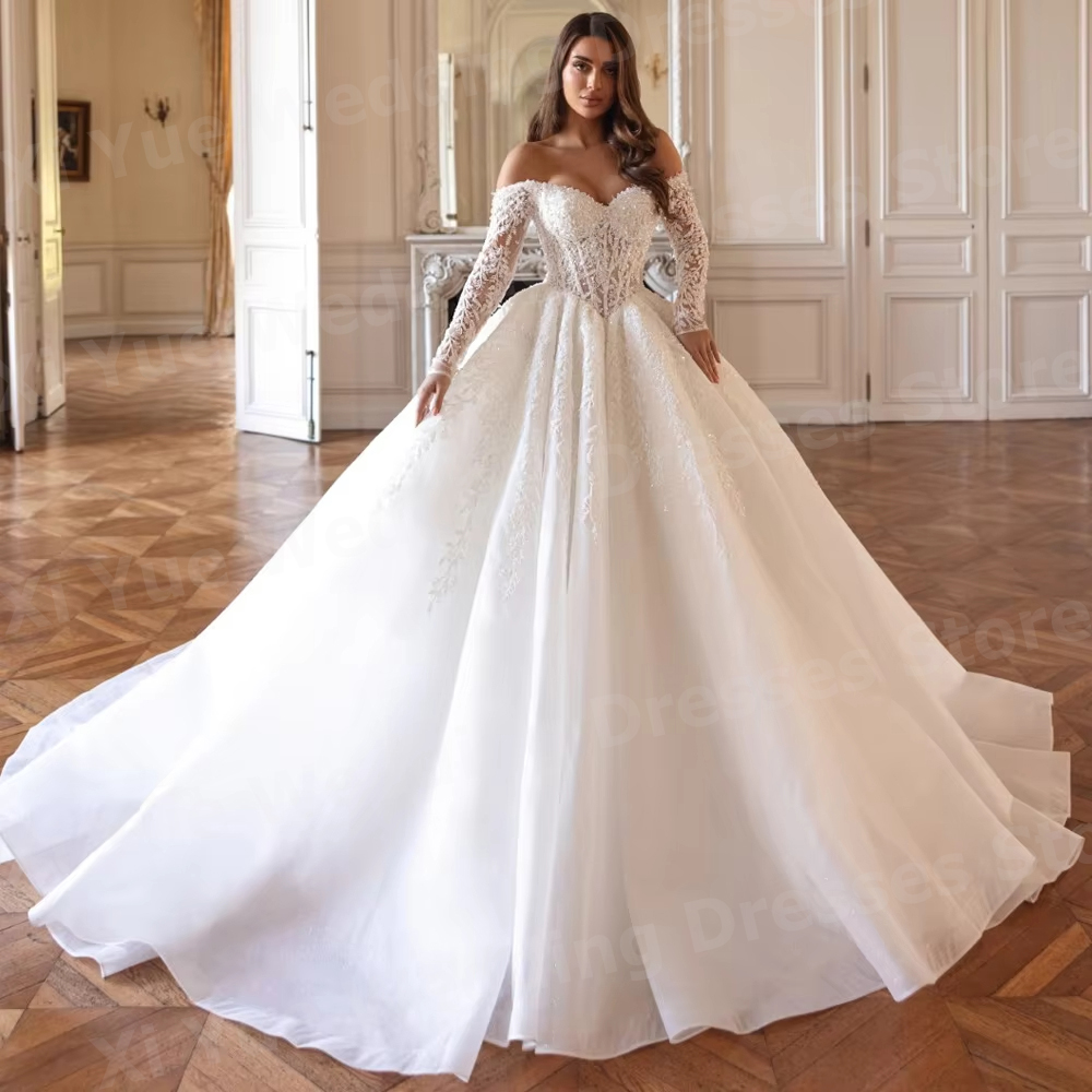 Squisiti abiti da sposa con spalle scoperte da donna A Line Vestido De Novia Appliques in pizzo Abiti da sposa Robe De Mariée personalizzato