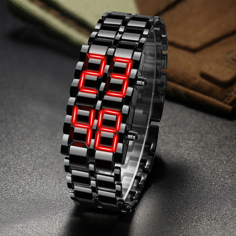 Reloj de pulsera de Lava digital para hombre, reloj de pulsera de metal negro, reloj con pantalla LED rojo y azul, regalos para hombre, deporte, reloj creativo