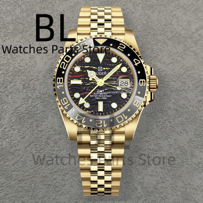 Bliger marca superior de luxo 40mm ouro completo relógio automático vidro safira à prova dwaterproof água tigre-olho padrão doubllbe final link braclelet
