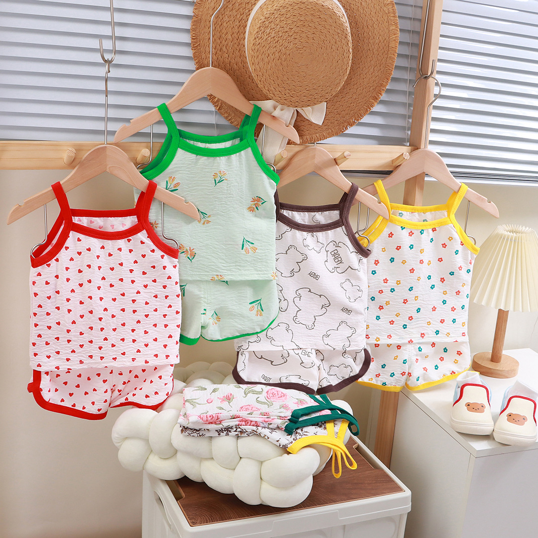 Verão crianças estilingue shorts conjunto moda flor meninas crianças fino respirável pijamas bonito dos desenhos animados do bebê da criança roupas de casa