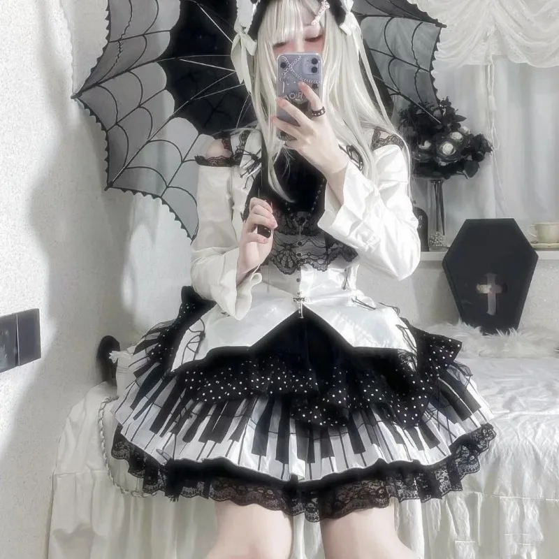 Harajuku Y2k Punk Piano Key Wave Dot Кружевная Юбка Японская Готика Лолита Kawaii Торт Фея Гранж Женская
