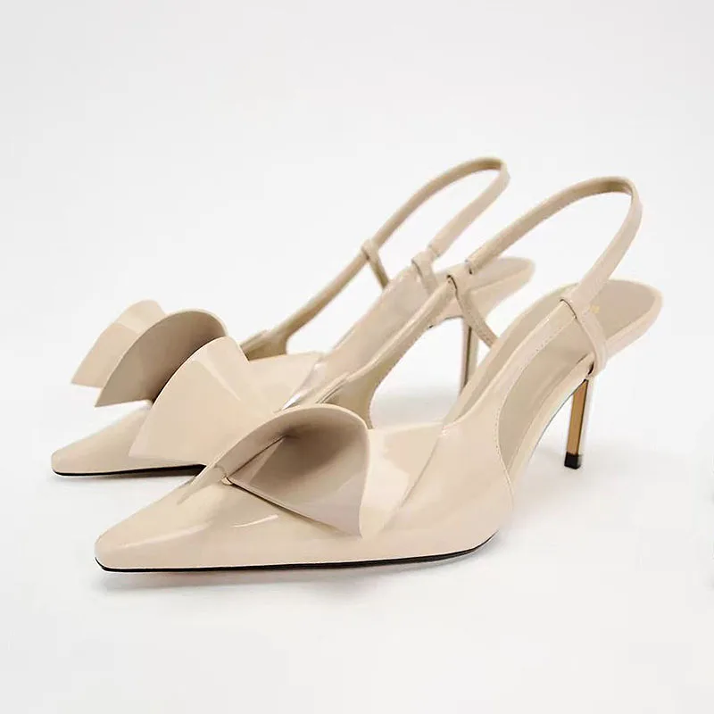 Lakleer Dames Hoge Hakken Sandalen Beige Elegante Strik Decoratie Stiletto Puntschoen Zomer Slingbacks Kantoor Dame Schoenen