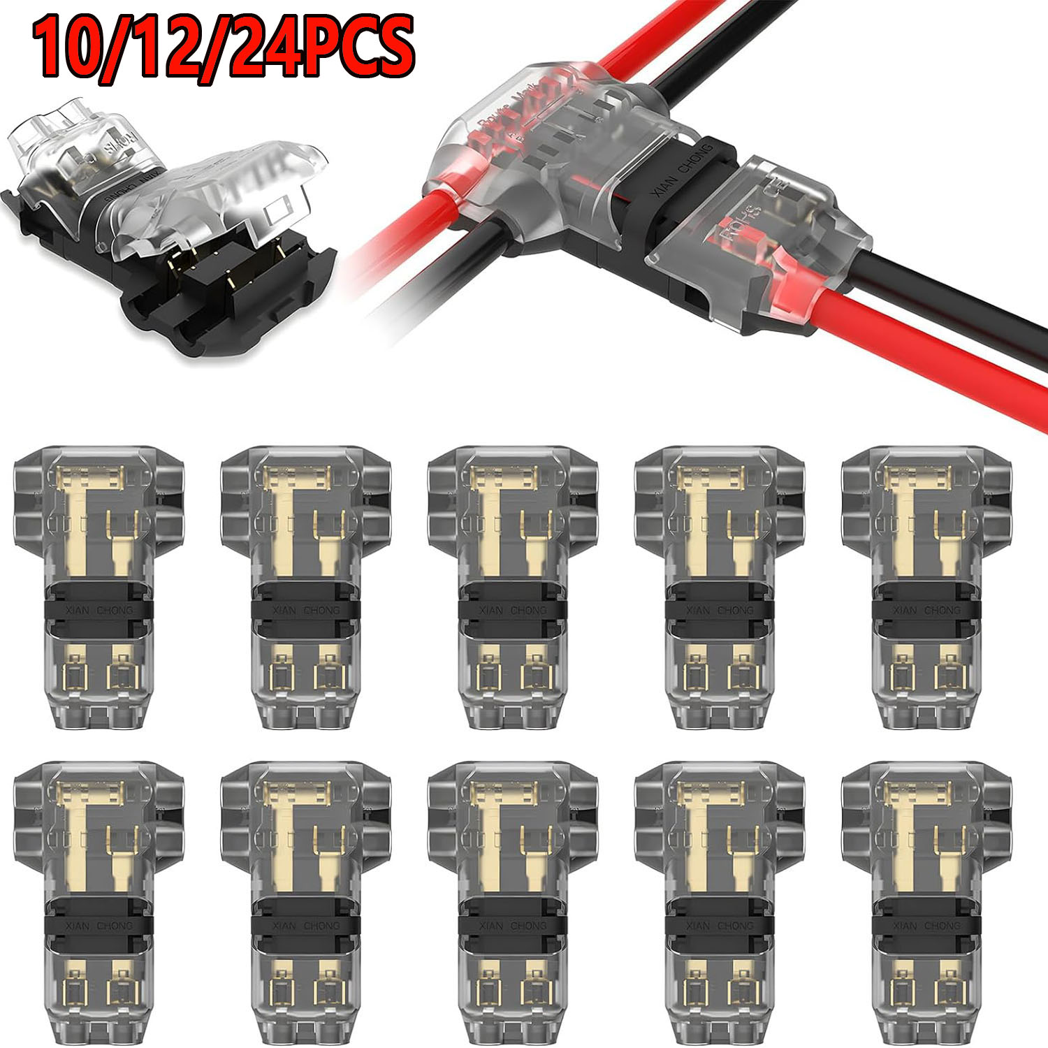 Conectores de Fio de Baixa Tensão 10/12/24 PCS, Conexão Sólida, Conectores de Fio Tipo T, Conectores de Emenda de Fio Tipo T com 2 Pinos