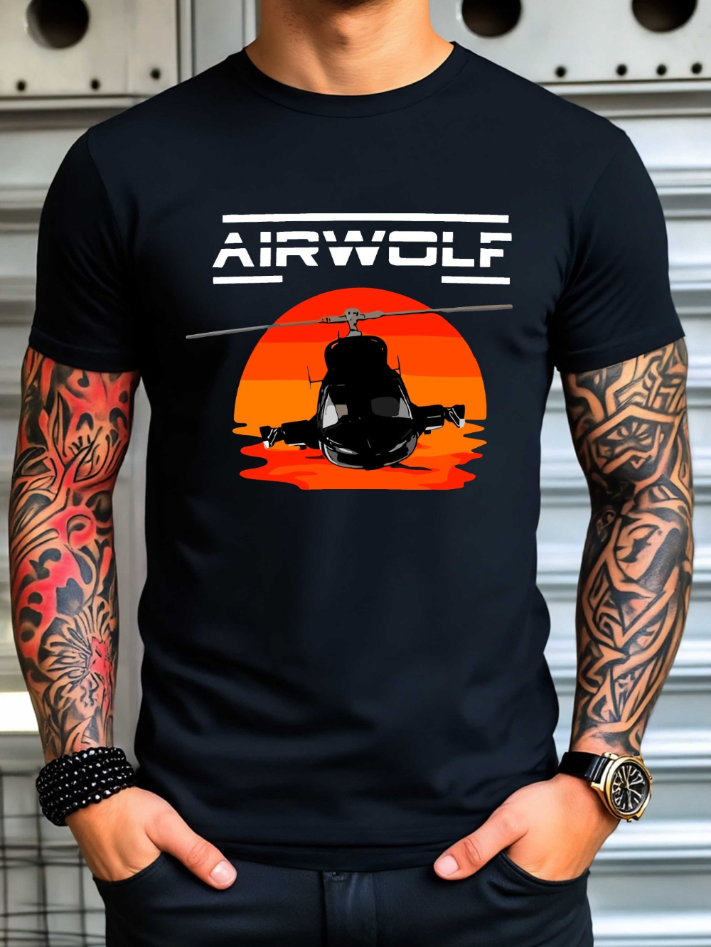 Camiseta gráfica Airwolf para hombre, color negro, con diseño de helicóptero, puesta de sol, mezcla de algodón microestirado, camiseta informal de verano de ajuste Regular