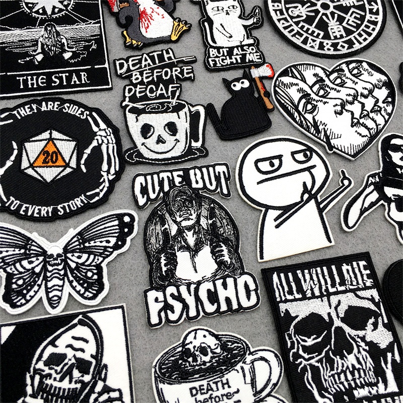 Czarno-białe naszywki na ubrania haftowane DIY żelazko na plastry na odzież kurtka dżinsy naklejki Punk aplikacje