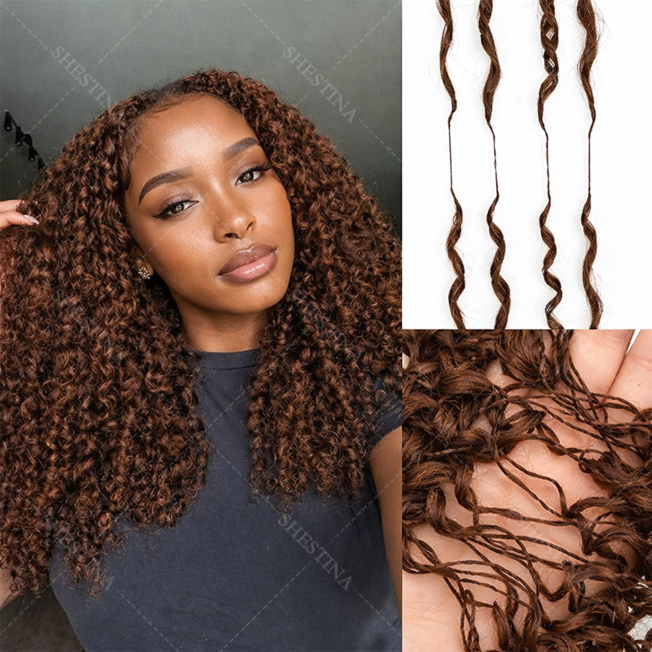 Ciemnobrązowe, głębokie fale, szydełkowane włosy naturalne, niewidoczne, bezszwowe, wstępnie zapętlone, kręcone, doczepiane włosy w stylu feather crochet braids do włosów w stylu boho.
