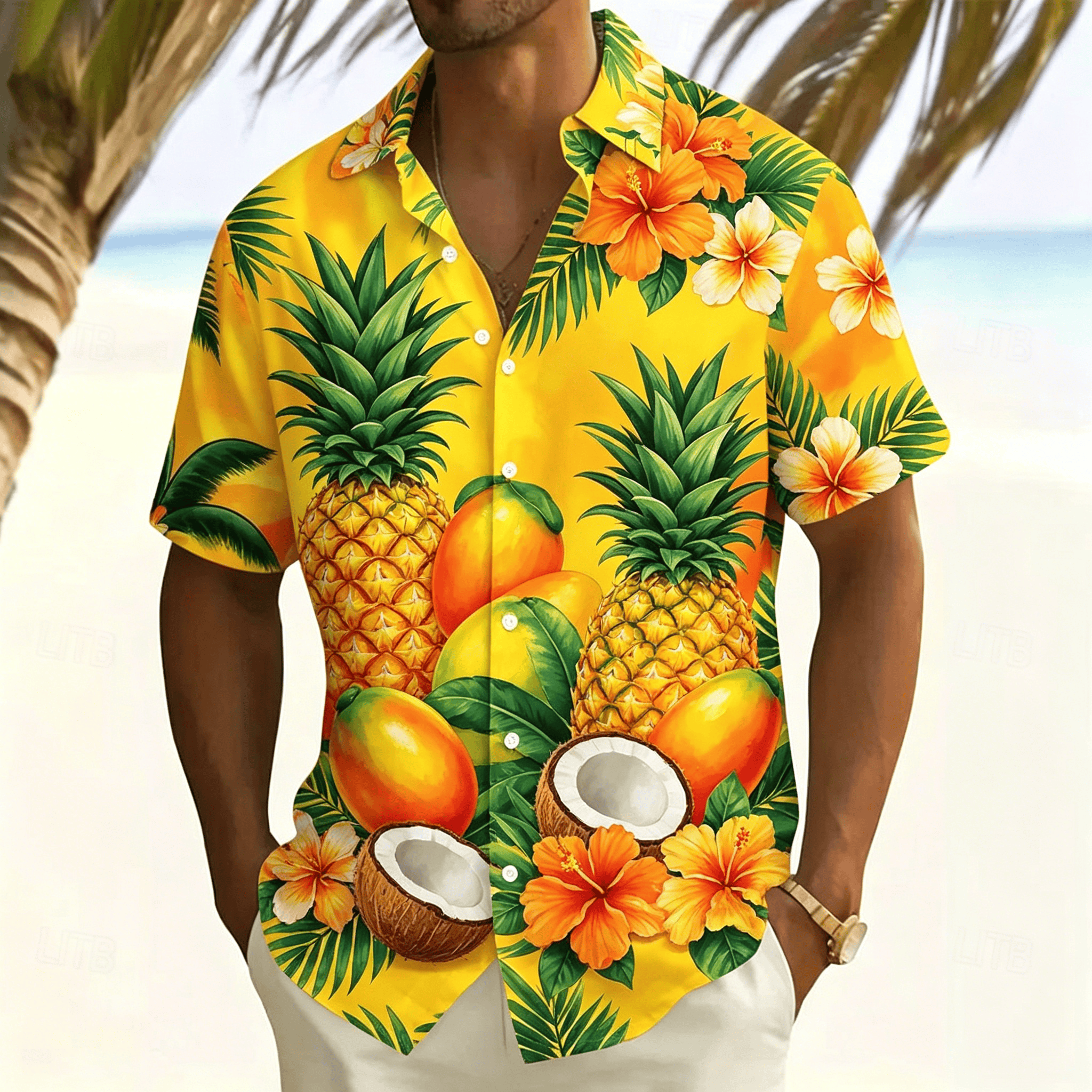 Camisa Havaiana Masculina com Estampa de Abacaxi Tropical, Flor de Hibisco, Estilo Casual de Verão para Praia