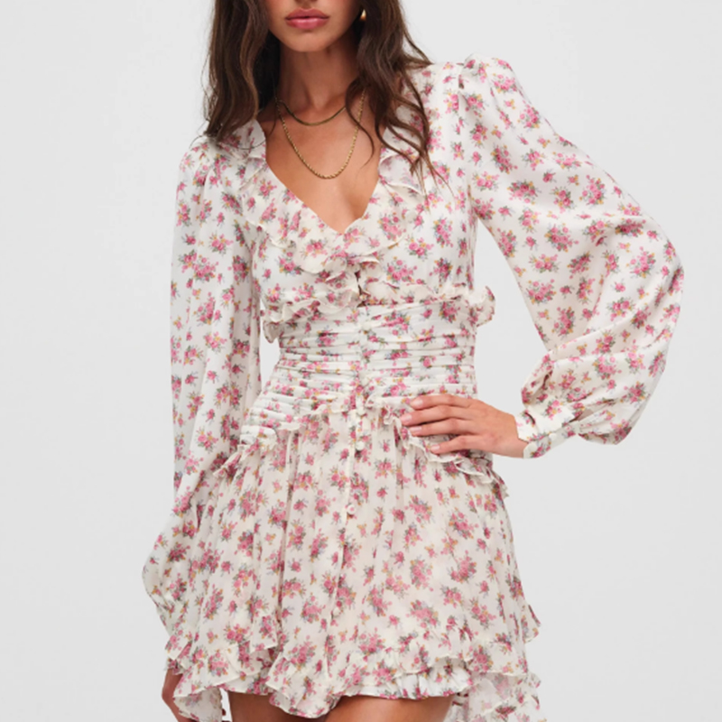 Boho floral impressão plissado mini vestido feminino botão frontal manga longa com decote em v vestidos de primavera 2025 férias robe vestidos curtos