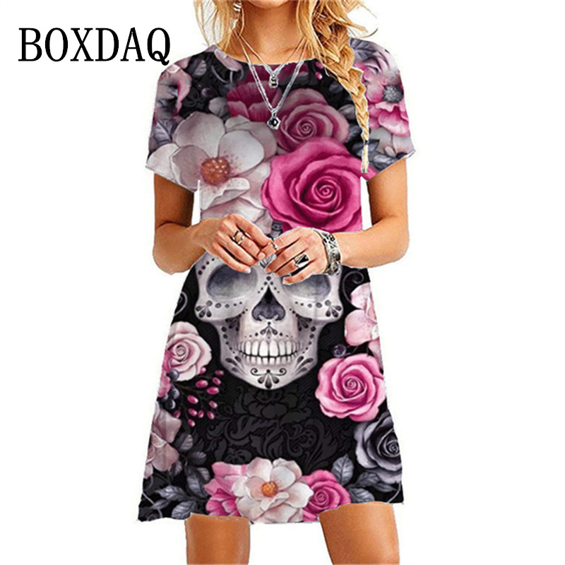 2022ผู้หญิงชุดปาร์ตี้ฮาโลวีน3D Skull Rose ดอกไม้พิมพ์ฤดูร้อนสั้นแขนยาวขนาดใหญ่เสื้อผ้า Lady Mini A-Line Dress