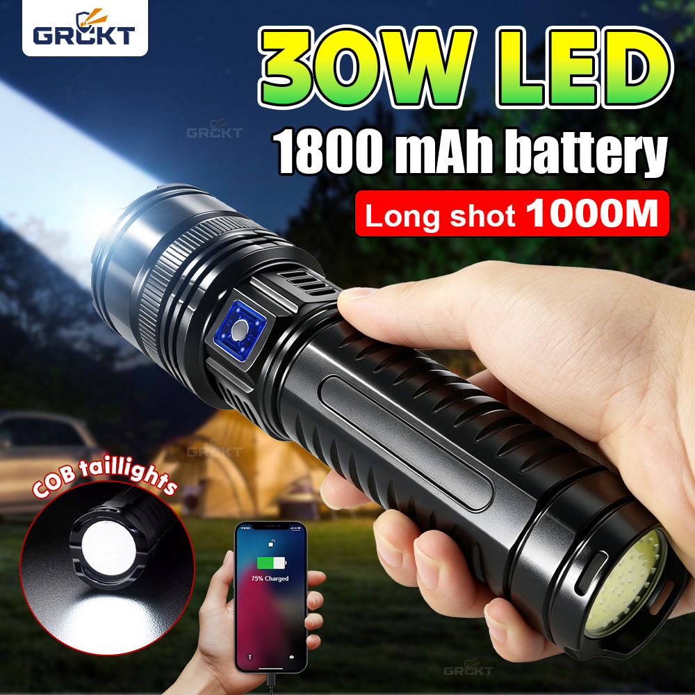 Portable White Laser Flashlights High Power Rechargeable LED Flashlight 18650 Battery Power Bank Torch COB Camping Lantern Gift