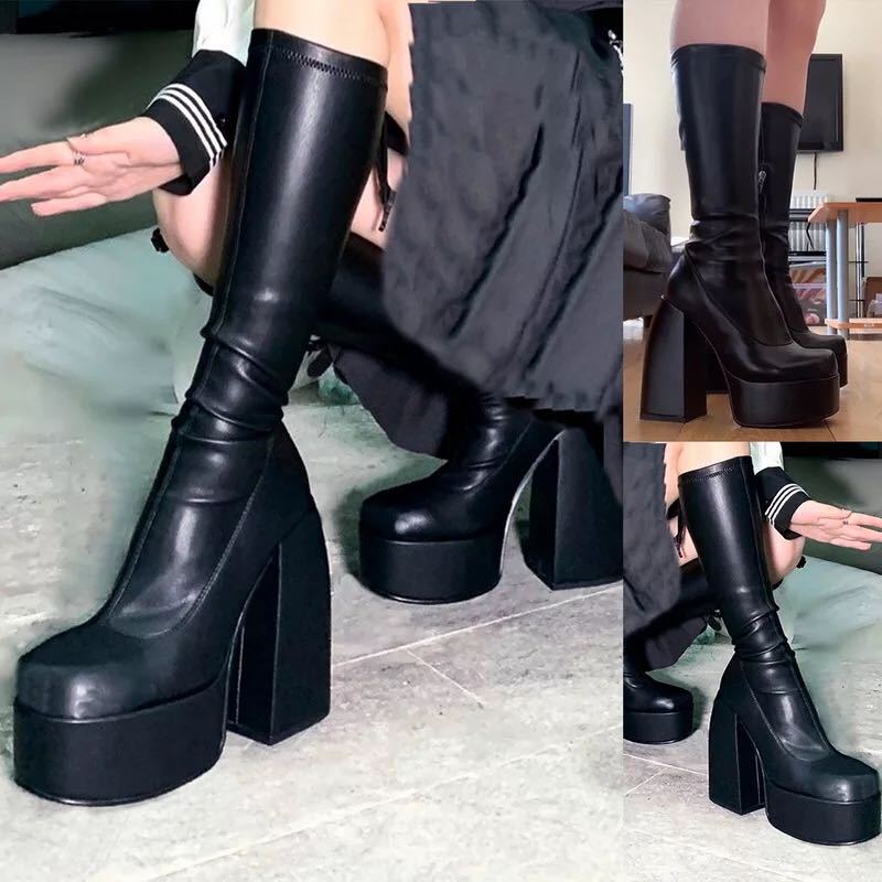 Dameslaarzen met vierkante neus, hoge hakken, lange korte buis, blokhaklaarzen, damesplatformschoenen, zwarte cowboylaarzen voor dames