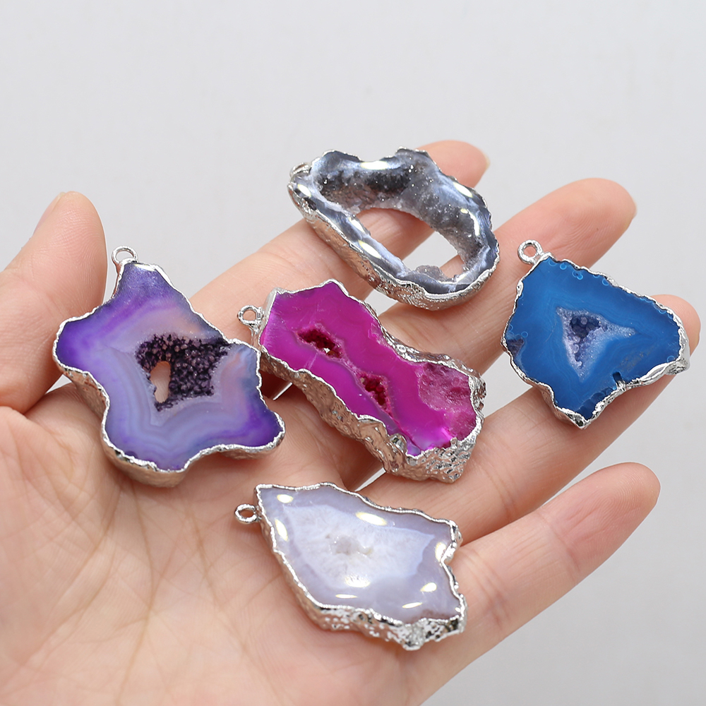 Pendentif en pierre Druzys naturelle plaquée argent, breloques en Agates naturelles, pour la fabrication de bijoux, collier, bricolage