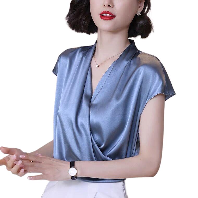 2026 Summer Beautiful Women's Blouses fashion Chiffon V Neck Women Blouses Satin Office Black Women Elegant Shirts Silk camisa