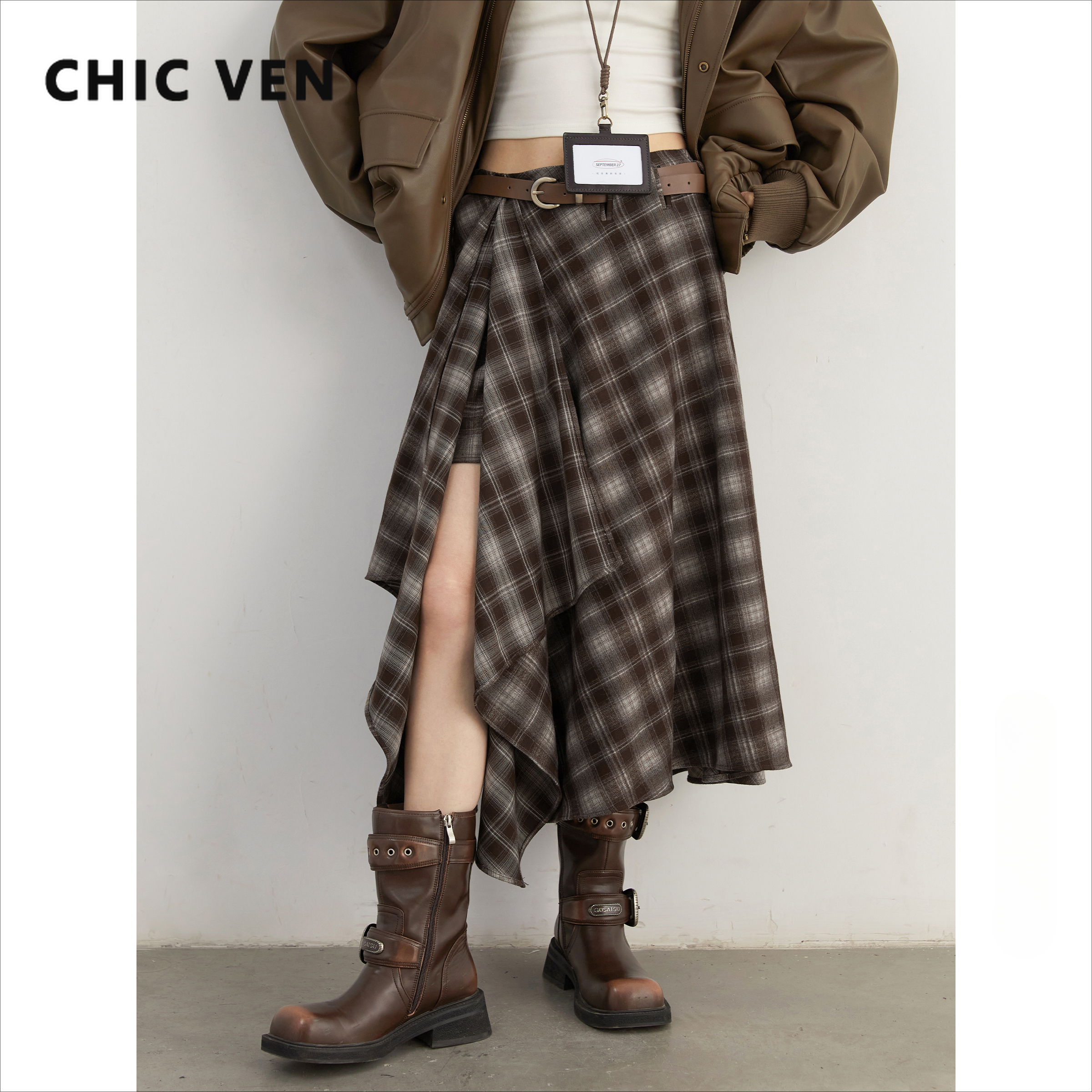 CHIC VEN Faldas para Mujer, Línea A, Retro, Holgadas, Cintura Alta, Irregulares, a Cuadros de Colores, Escote en V, Falda Larga de Media Pierna para Dama, Otoño Invierno 2026