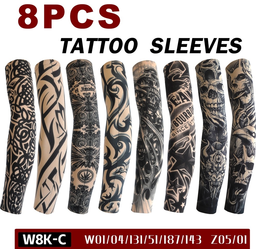 8 pièces de manches de tatouage temporaire à effet tatouage pour bras entier, protection UV, extensibles, respirantes, unisexe, pour sports de plein air, conduite et pêche