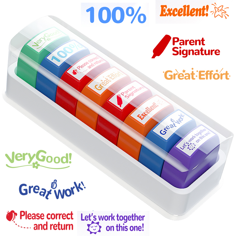 8 Teacher stamps Classroom Teacher Fun Automatic inking stamps for Grading Office Teachers English Spanish Optional Teacher