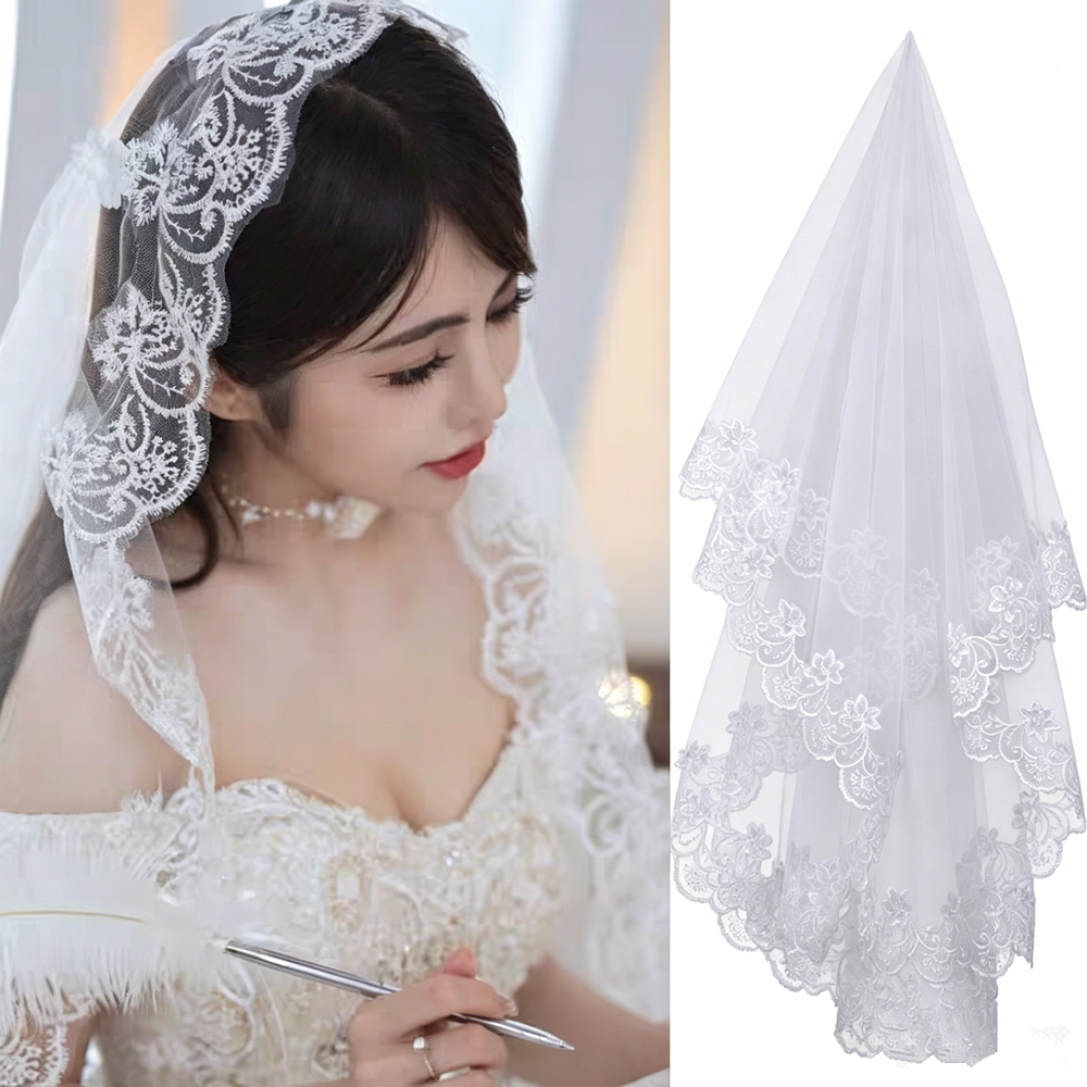 Velo de Novia Largo Blanco, Elegante Velo Nupcial con Borde de Encaje Floral, Accesorio para el Cabello de Novia para la Fiesta de Bodas