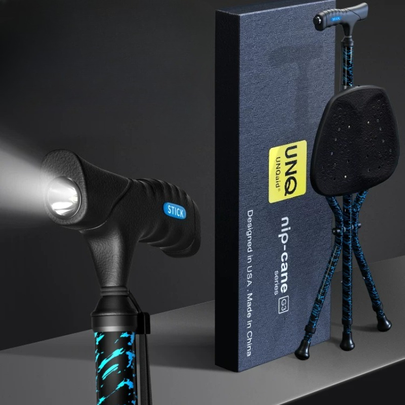 Foldable Walking Cane with Seat, Anti-Slip Crutch for Elderly, LED Lighted Mobility Aid, Portable Stick&Stool for Outdoor Travel