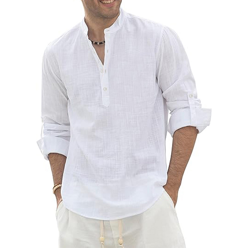 Camisa polo masculina de manga comprida de linho de algodão leve Henley pescoço havaiano estilo praia cor sólida tops camiseta de férias