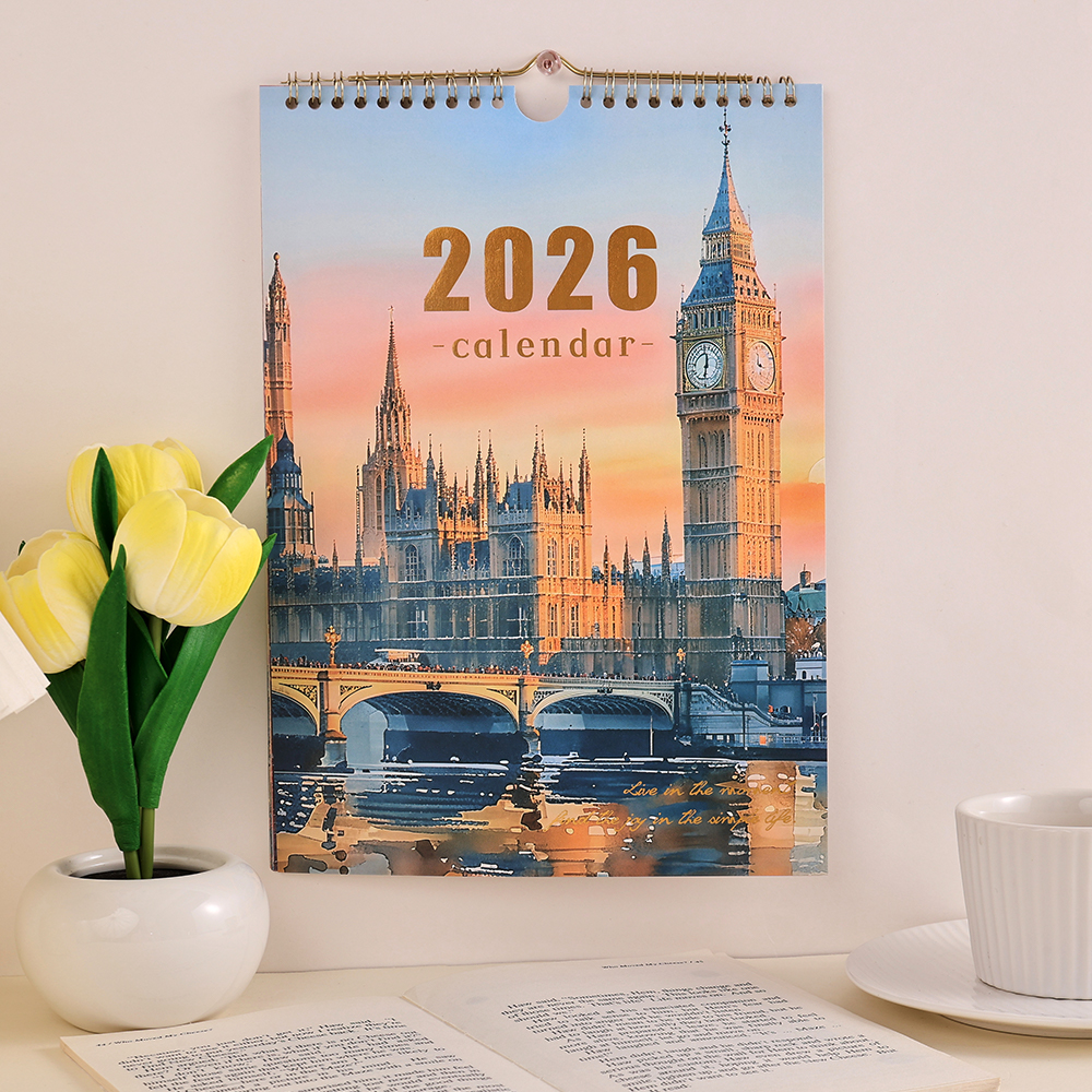 ปฏิทินผนังปี 2026 A4 ปฏิทินวางแผนรายเดือนสถานที่ท่องเที่ยวสไตล์วินเทจธีมภาพวาดสำหรับโฮมออฟฟิศโรงเรียนอุปกรณ์องค์กร