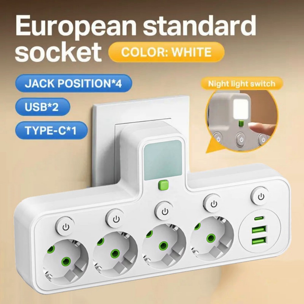 EU-Steckdose, 4 Steckdosenleiste mit 2 USB-Typ-C-Anschlüssen ohne Verlängerung, Wandladegerät-Adapter für Heimbüros