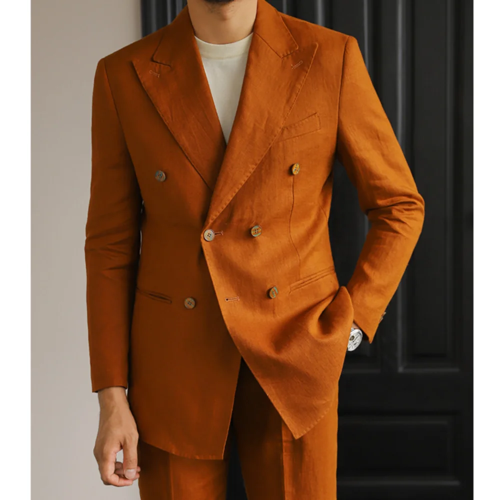 Trajes de lino elegantes para hombre, conjuntos de chaqueta con doble botonadura y solapa de pico a la moda, esmoquin informal ajustado para fiesta de boda en la playa, 2 piezas