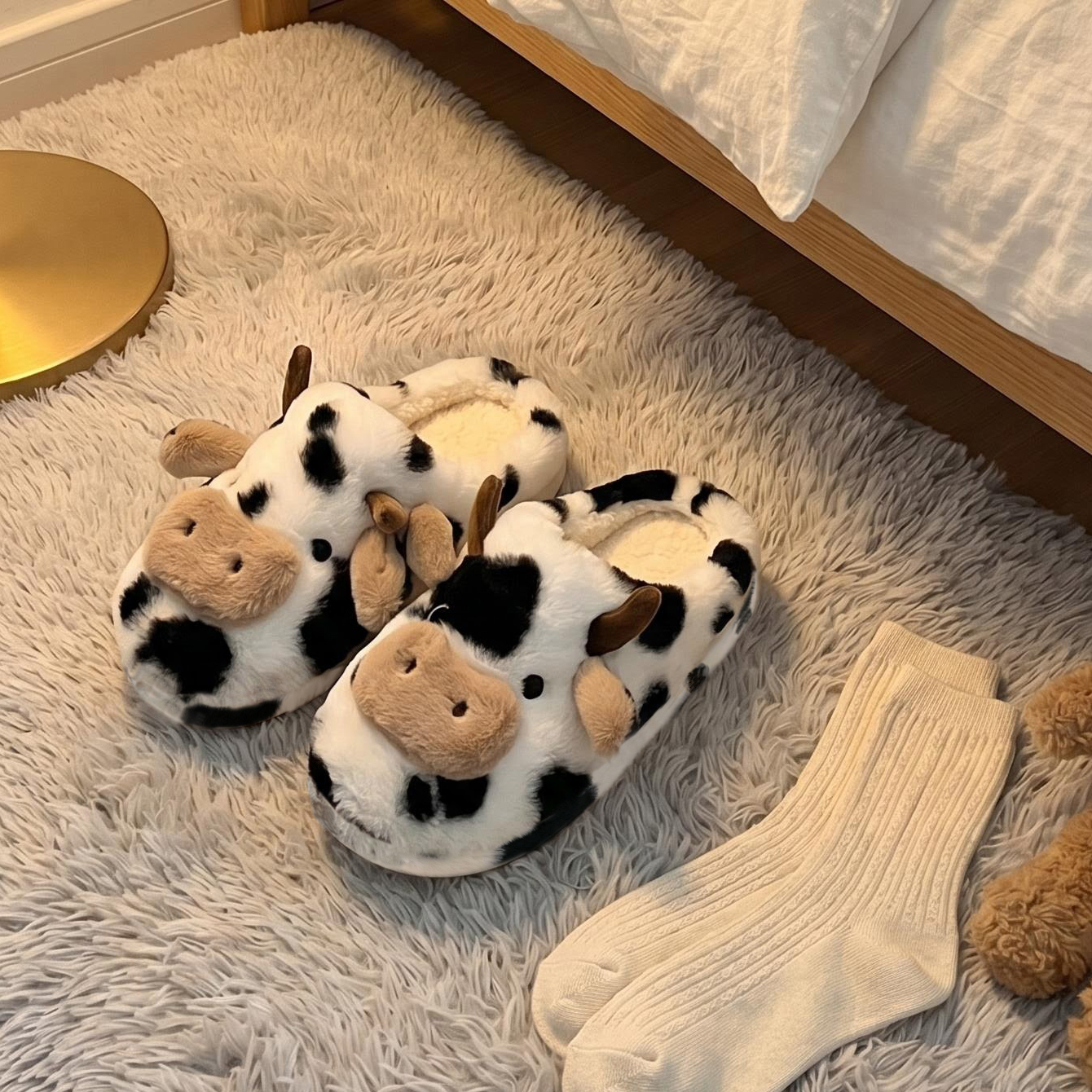 Un par de lindas pantuflas de felpa con diseño de vaca en 3D para mujer, cómodas pantuflas para el hogar con suela suave para el dormitorio, lindas pantuflas cálidas antideslizantes con diseño de leche en 3D, zapatos cómodos, ligeros y silenciosos para mu