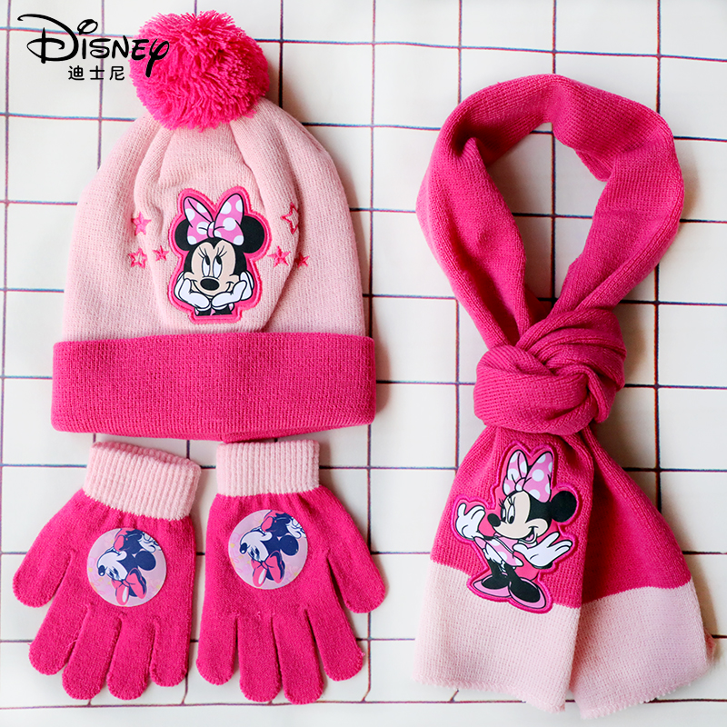 Disney novo outono e inverno bonito crianças minnie dos desenhos animados cachecol chapéu luva de três peças quente menino menina criança chapéu de natal presente