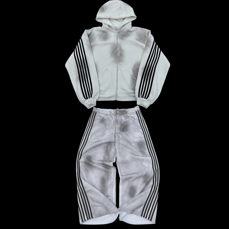 Traje Y2K para hombre, estilo callejero americano, línea gótica, Sudadera con capucha bordada con cremallera, pantalones vaqueros de marca de agua sucia de algodón, jersey de pareja a la moda