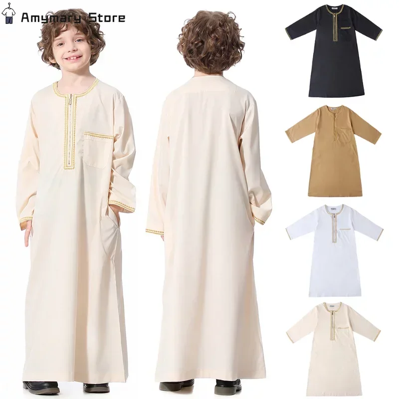 Bata musulmana de cuello redondo para niños, vestido bordado de manga larga, Abaya de Arabia Saudita, Kaftan, Jubba, Thobe, ropa islámica