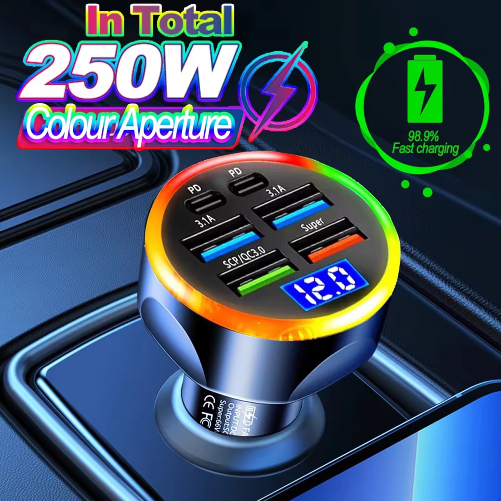 66-250W PD Car Charger QC3.0 Fast Charge One to Six Car Cigarette Lighter Plug Car Charger Flash Charge with Digital Display