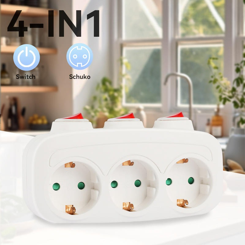 3-in-1 stekkeradapter met 3 onafhankelijke schakelaars, 16A 250V 3500W, ruimtebesparende drievoudige stekker, universele Schuko-stekkeradapter