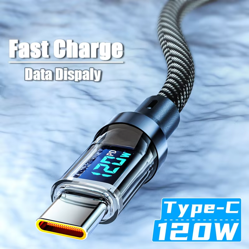 120W USB to Type C 케이블 디지털 디스플레이 포함 초고속 충전 100W PD Type C to Type-C 데이터 케이블 샤오미 삼성 화웨이용