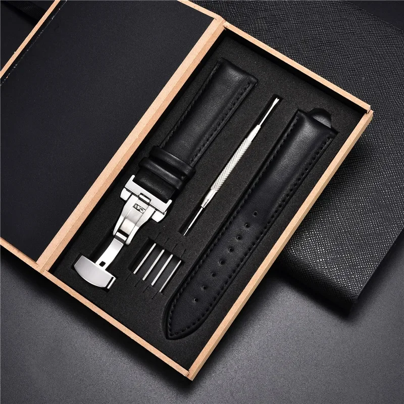 Echtes Leder-Uhrenarmband, 18 mm, 20, 22, 24 mm, Uhrenarmband mit automatischer Schmetterlingsschnalle, für Herren und Damen, Business-Stil, mit Box-Armband