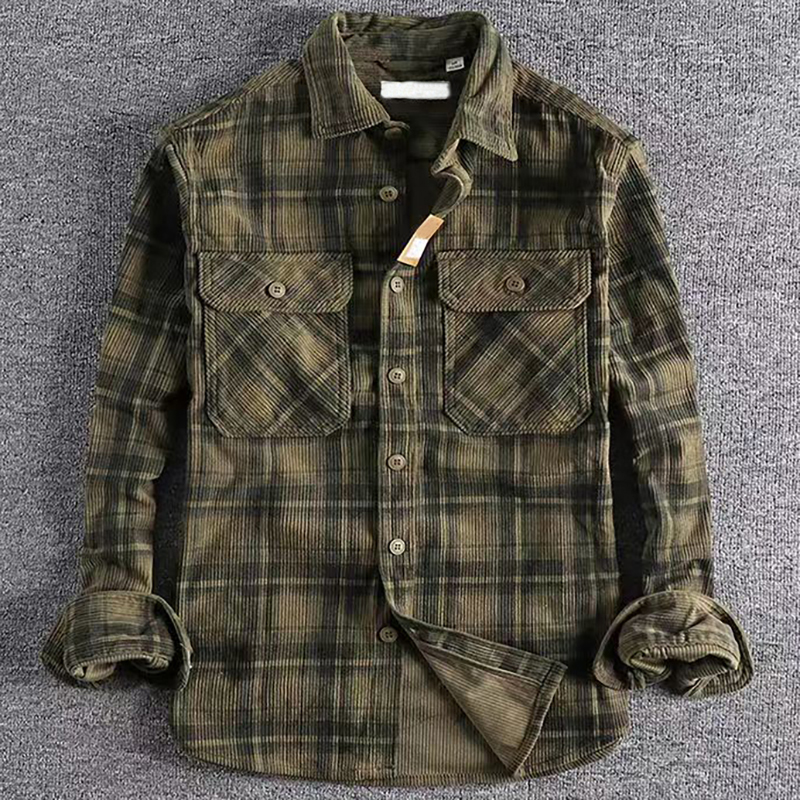 Camisa de manga larga a cuadros Vintage japonesa para hombre, moda de primavera y otoño, camisas clásicas artísticas de pana cómodas, Tops