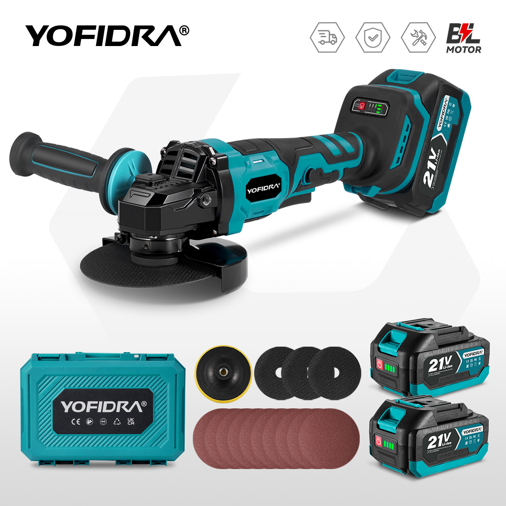 YOFIDRA 125MM Brushless Electric Angle Grinder 3000W 3Gears Polishing Cutting Machine Wood Power Tool For Makita 21V Battery Pin