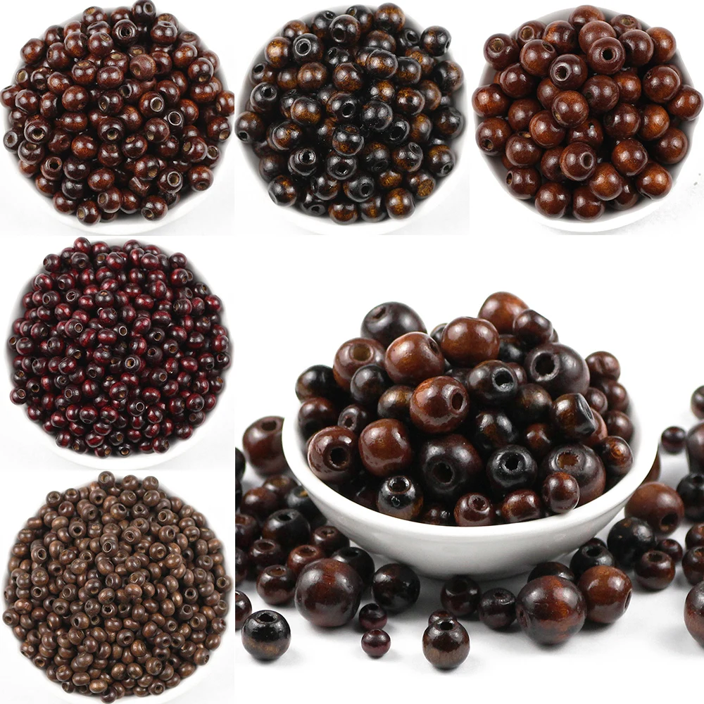 10 ~ 500 sztuk brązowe naturalne drewniane koraliki 5/6/8/10/12MM ekologiczne drewno okrągłe luźne koraliki do tworzenia biżuterii bransoletka DIY