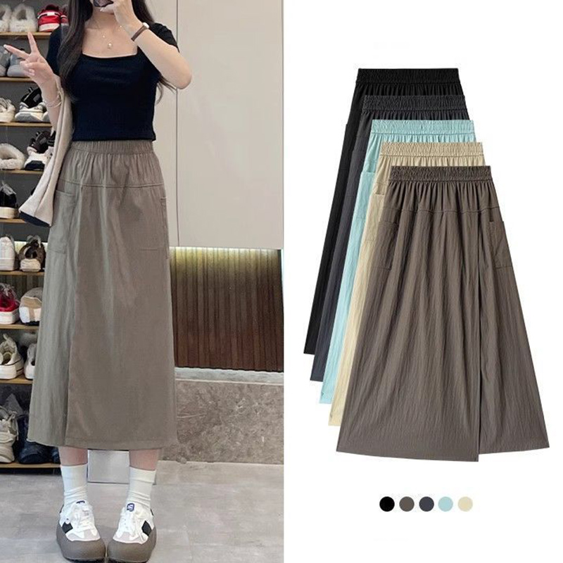 Saia Cargo Midi Feminina Coreana Lisa de Cintura Alta com Fenda, Confortável e Leve, Estilo Baggy, Moda Verão para Mulheres e Meninas