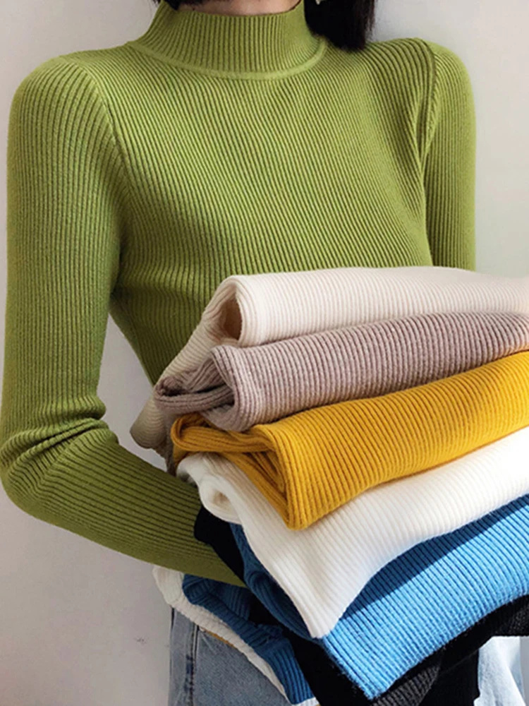 ฤดูใบไม้ร่วงฤดูหนาว Mock คอเสื้อกันหนาวผู้หญิง Vintage Basic ถักเสื้อ Casual Slim Pullover เสื้อกันหนาวเกาหลี Simple Chic จัมเปอร์