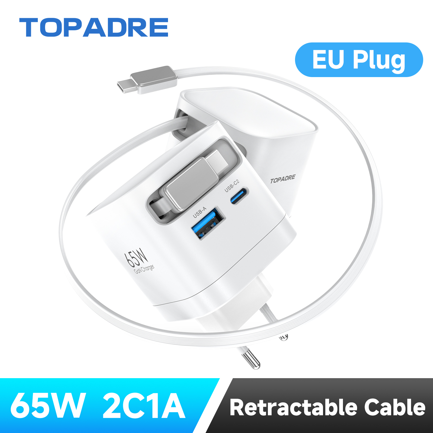Cargador rápido GaN de 65W con cable retráctil, enchufe plegable, bloque de carga rápida, para iPhone, Samsung, iPad, teléfonos Android
