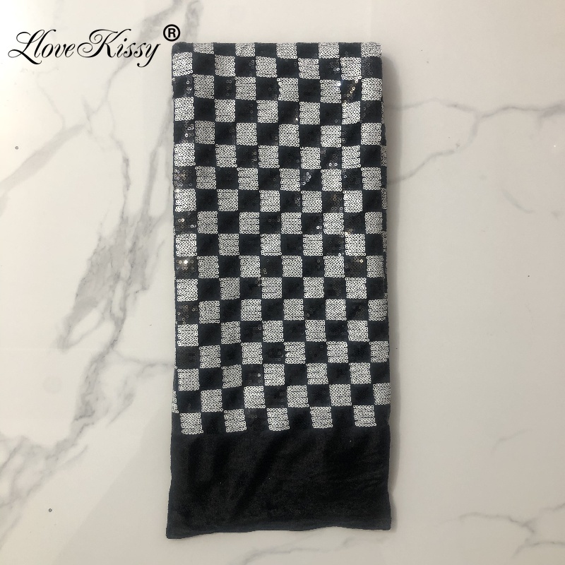 Clássico preto e branco xadrez veludo bordado com 3mm tecido de lantejoulas vestido de festa performances de palco roupas largura 125cm