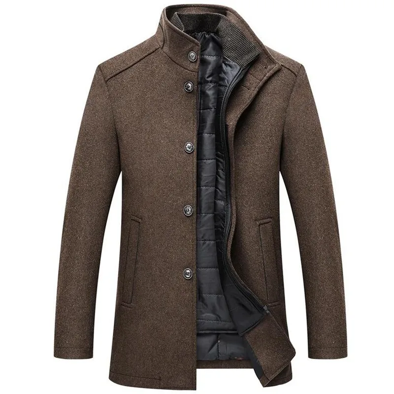 Jaket wol tebal panjang pria, jaket Windbreaker musim dingin kerah berdiri Single Breasted dengan rompi mantel wol