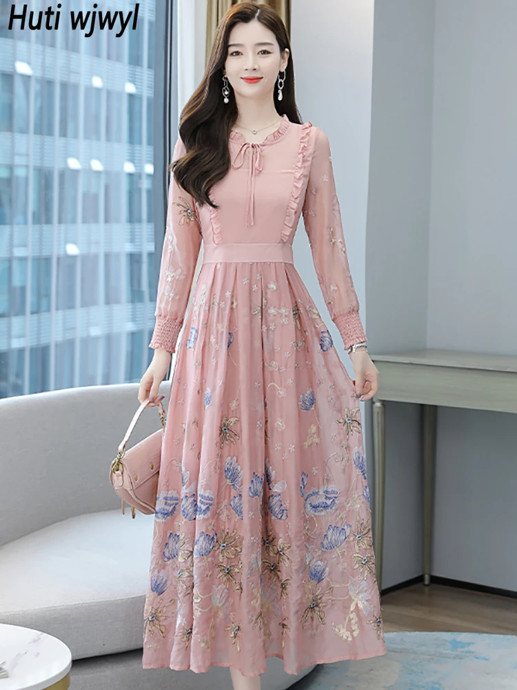 เดรสคอเสื้อปักลายดอกไม้เก๋ๆมีระบายสีชมพูสำหรับผู้หญิงชุดเดรสยาวใส่ไปงานปาร์ตี้หรูหราสง่างามกลางคืนสำหรับฤดูใบไม้ร่วงและฤดูหนาว
