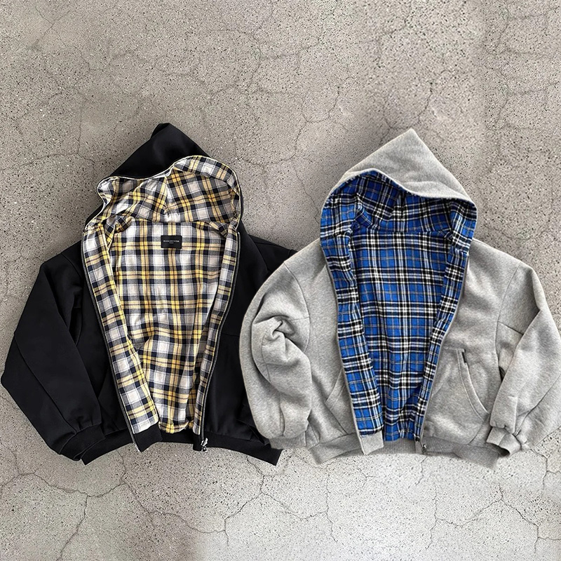 Sudaderas con capucha reversibles informales para hombre, ropa de calle, Sudadera con capucha de gran tamaño con cremallera, sudadera Retro de Color sólido con forro a cuadros