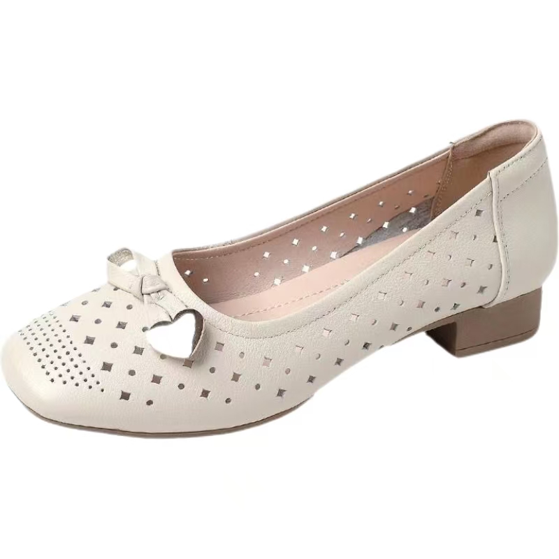 Women's Spring Summer New Leather Hollow Out Low Heel Shoe Soft Sole Breathable Light Round Toe Nude Shoe Shallow Slip On Sandal