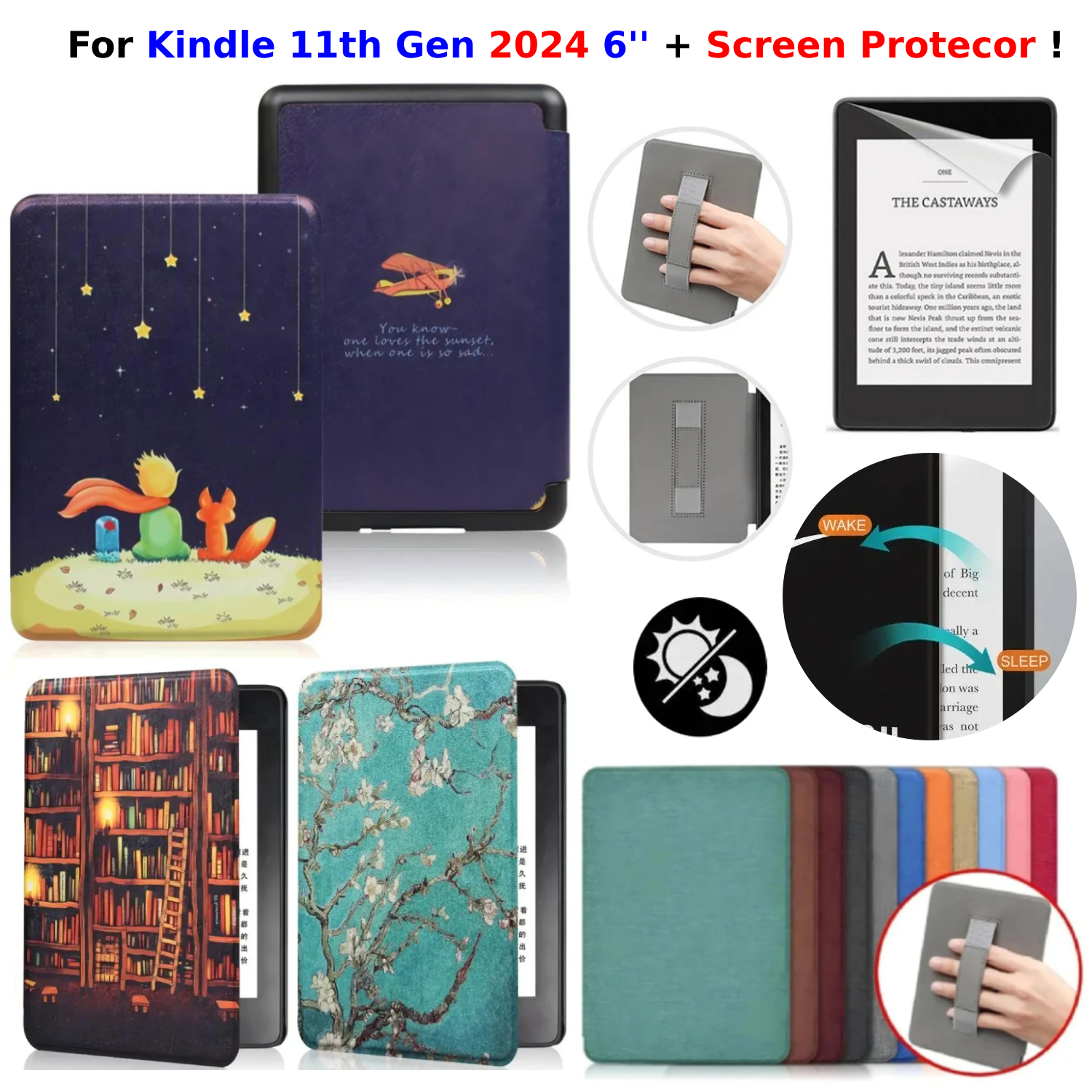 For Kindle 11th Generation 2024 Case 6'' with Hand Strap + Screen Protector PU Leather Cover Auto Wake/Sleep 6 inch RS23CV Funda