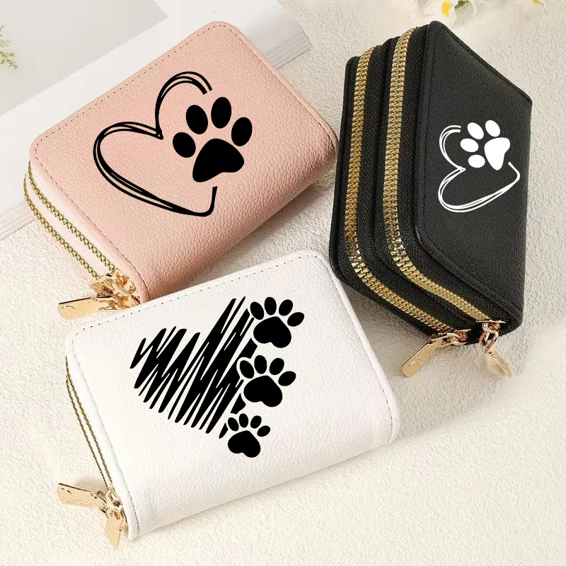 Bolsa Feminina Curta em Forma de Coração com Estampa de Pata de Animal, Padrão de Lichia, Grande Capacidade, Múltiplos Compartimentos para Cartões, Bolsa de Moeda com Zíper