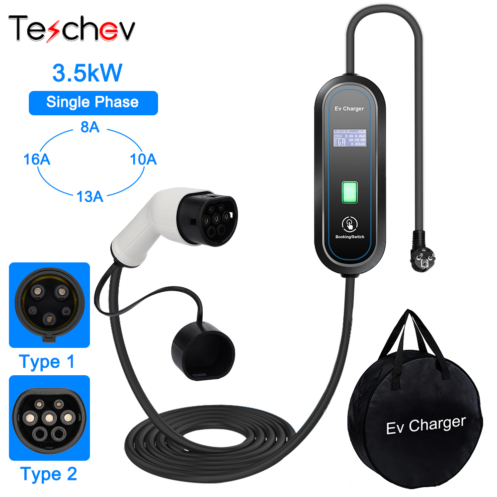 Teschev 3.5KW 16A EV Caricatore portatile Type2 EVSE Caricatore per auto elettrica J1772 Type1 Caricatore per veicoli elettrici