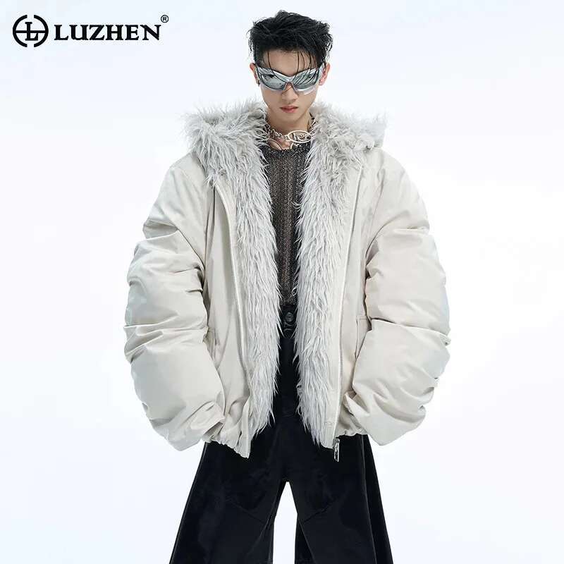Luzhen inverno casaco de algodão com capuz casual cor sólida pele do falso retalhos design personalizado quente curto jaqueta beisebol masculino lz7041