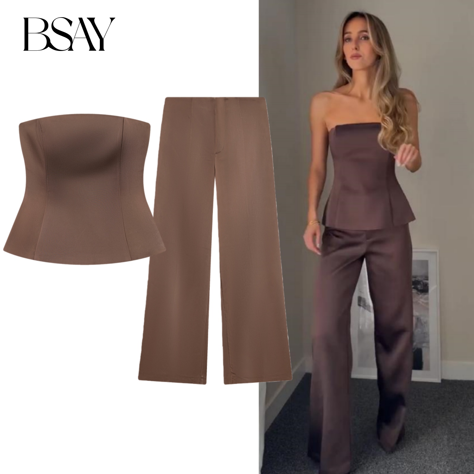 BSAY サテンテクスチャパンツセット 2pc スーツ女性ファッション秋ノースリーブストラップレスチョッキトップシックなハイウエストカジュアルパンツ